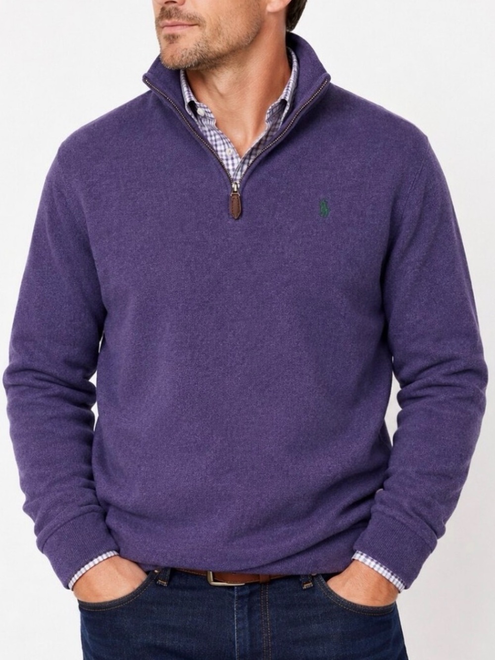 POLO 3/4 Zip Sweater in Eggplant and Logo in Green